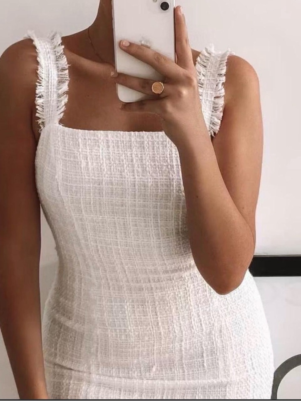 Meshki White Tweed Mini Dress with Fringe Straps Medium